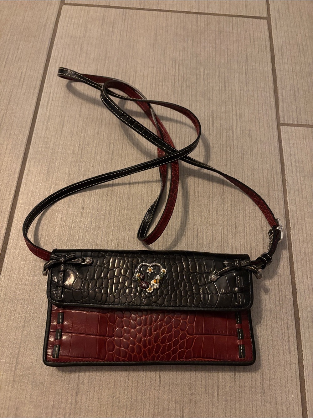 Brighton Crossbody Black and Burgundy Croc-Embossed Purse